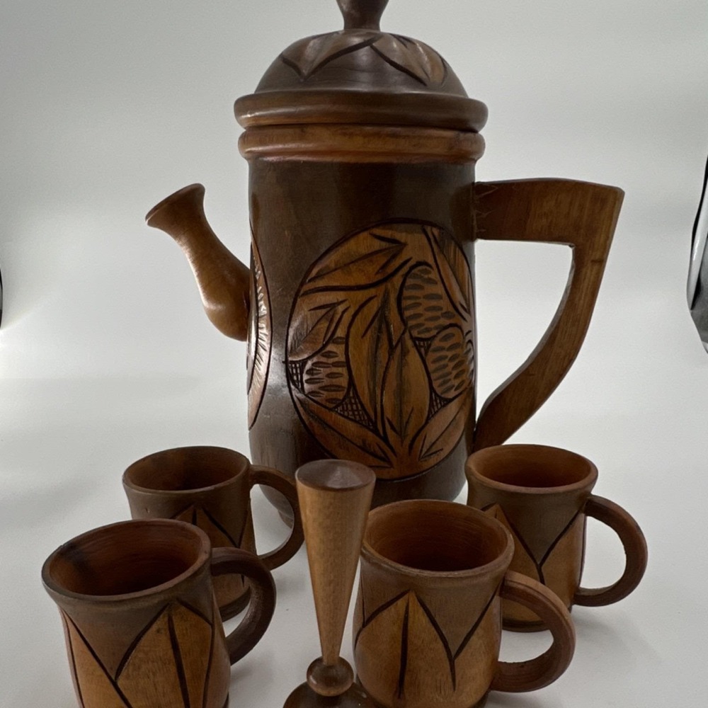 Handmade Carved Floral Wooden Tea Set Novelty Shape Teapot Lid 4 Cups Goblet